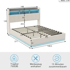 ProximaX Lit coffre 140x200 cm en velours avec tête de lit rangements, LED, ports USB, Lit double avec espace de rangement, Blanc