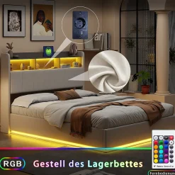 ProximaX Lit coffre 140x200 cm en velours avec tête de lit rangements, LED, ports USB, Lit double avec espace de rangement, Blanc