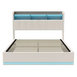 ProximaX Lit coffre 140x200 cm en velours avec tête de lit rangements, LED, ports USB, Lit double avec espace de rangement, Blanc