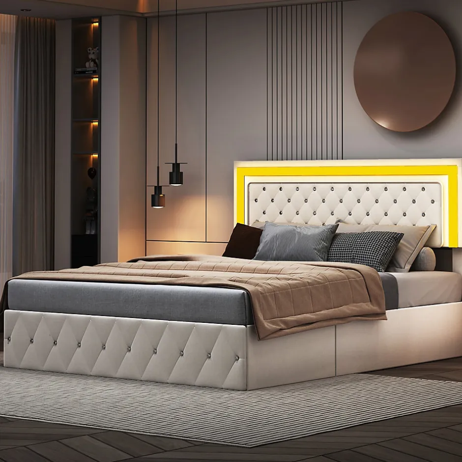 Simple Life Lit coffre 160x200 cm en velours - avec LED et sommier à lattes - Lit double de rangement - avec tête de lit réglable - Beige