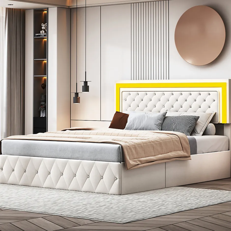 Simple Life Lit coffre 160x200 cm en velours - avec LED et sommier à lattes - Lit double de rangement - avec tête de lit réglable - Beige