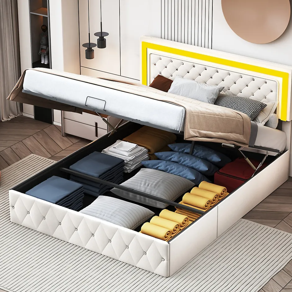 Simple Life Lit coffre 160x200 cm en velours - avec LED et sommier à lattes - Lit double de rangement - avec tête de lit réglable - Beige