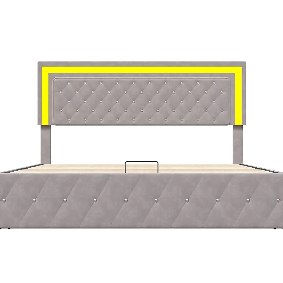 Simple Life Lit coffre 160x200 cm en velours - avec LED et sommier à lattes - Lit double de rangement - avec tête de lit réglable - Beige