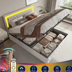 Simple Life Lit coffre 160x200 cm en velours - avec LED et sommier à lattes - Lit double de rangement - avec tête de lit réglable - Beige