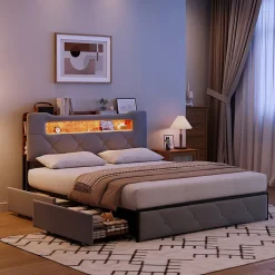 ProximaX Lit coffre 140x200 cm en velours gris avec tête de lit lumineuse et chargeur intégré, 4 tiroirs de rangement, structure métal Hot