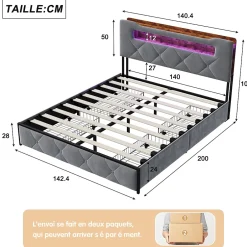 ProximaX Lit coffre 140x200 cm en velours gris avec tête de lit lumineuse et chargeur intégré, 4 tiroirs de rangement, structure métal Hot