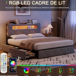 ProximaX Lit coffre 140x200 cm en velours gris avec tête de lit lumineuse et chargeur intégré, 4 tiroirs de rangement, structure métal Hot