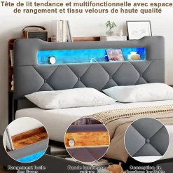 ProximaX Lit coffre 140x200 cm en velours gris avec tête de lit lumineuse et chargeur intégré, 4 tiroirs de rangement, structure métal Hot