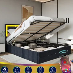 Simple Life Lit coffre 160x200 cm en velours - avec LED et sommier à lattes - Lit double de rangement - avec tête de lit réglable - Noir Hot