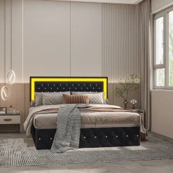 Simple Life Lit coffre 160x200 cm en velours - avec LED et sommier à lattes - Lit double de rangement - avec tête de lit réglable - Noir Hot