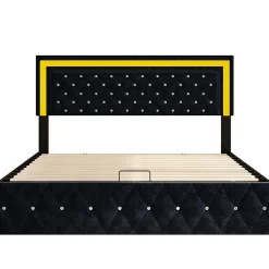 Simple Life Lit Coffre 160x200 Cm En Velours - Avec LED Et Sommier à Lattes - Lit Double De Rangement - Noir New