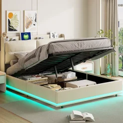 ProximaX Lit coffre 160x200 cm en velours, LED + USB/Type-C, sommier à lattes, rangement, lit double, Beige