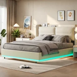 ProximaX Lit coffre 160x200 cm en velours, LED + USB/Type-C, sommier à lattes, rangement, lit double, Beige