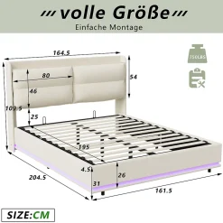 ProximaX Lit coffre 160x200 cm en velours, LED + USB/Type-C, sommier à lattes, rangement, lit double, Beige