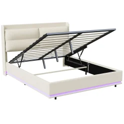 ProximaX Lit coffre 160x200 cm en velours, LED + USB/Type-C, sommier à lattes, rangement, lit double, Beige