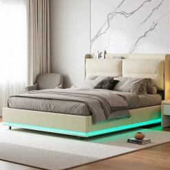 ProximaX Lit coffre 160x200 cm en velours, LED + USB/Type-C, sommier à lattes, rangement, lit double, Beige