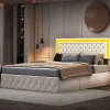 Simple Life Lit coffre 140x200 cm en velours - avec LED et sommier à lattes - Lit double de rangement - avec tête de lit réglable - Beige