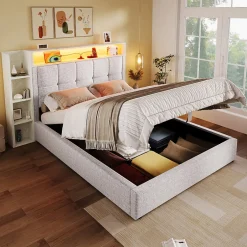 Okwish Lit coffre 90x200 cm enfant/ado - Lit Coffre Capitonné avec Rangement, LED et USB Type-C - Tissu Lin, Beige