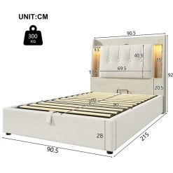 Okwish Lit coffre 90x200 cm enfant/ado - Coffre Capitonné avec Rangement, LED et Prise USB Type-C - Tissu Lin, Beige Best