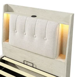 Okwish Lit coffre 90x200 cm enfant/ado - Coffre Capitonné avec Rangement, LED et Prise USB Type-C - Tissu Lin, Beige Best