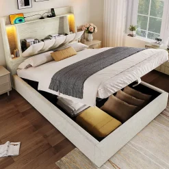 Okwish Lit coffre 90x200 cm enfant/ado - Coffre Capitonné avec Rangement, LED et Prise USB Type-C - Tissu Lin, Beige Best