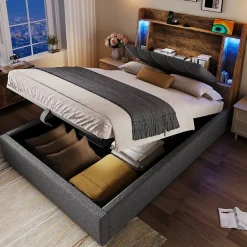 Okwish Lit coffre 90x200 cm enfant/ado - Coffre Capitonné avec Rangement, LED et USB Type-C - Tissu Lin, Gris Best