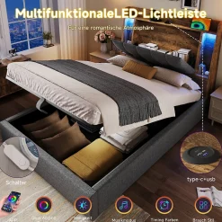 Okwish Lit coffre 90x200 cm enfant/ado - Coffre Capitonné avec Rangement, LED et USB Type-C - Tissu Lin, Gris Best
