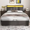 ProximaX Lit coffre 140x190 cm gris avec LED, rangement hydraulique, tiroirs et compartiments, tête rembourrée escamotable, cadre acier
