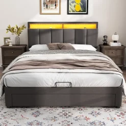 ProximaX Lit coffre 140x190 cm gris avec LED, rangement hydraulique, tiroirs et compartiments, tête rembourrée escamotable, cadre acier