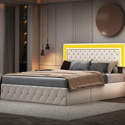 Simple Life Lit coffre 140x200 cm, LED, sommier à lattes, tête de lit réglable, rangement, beige.