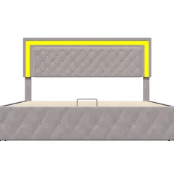 Simple Life Lit coffre 140x200 cm, LED, sommier à lattes, tête de lit réglable, rangement, beige.