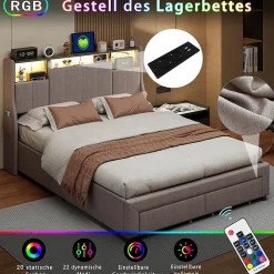 Simple Life Lit Coffre 160x200 cm Lin Gris, LED, Charge USB, Rembourré, Rangement, Tête de lit, Sommier à Lattes, 2 Personnes