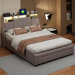 Simple Life Lit Coffre 160x200 cm Lin Gris, LED, Charge USB, Rembourré, Rangement, Tête de lit, Sommier à Lattes, 2 Personnes