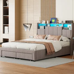 Simple Life Lit Coffre 160x200 cm Lin Gris, LED, Charge USB, Rembourré, Rangement, Tête de lit, Sommier à Lattes, 2 Personnes