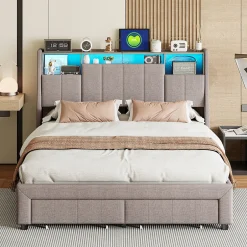 Simple Life Lit Coffre 160x200 cm Lin Gris, LED, Charge USB, Rembourré, Rangement, Tête de lit, Sommier à Lattes, 2 Personnes