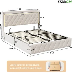 Simple Life Lit Coffre 140x200 Cm, Lit Capitonné Avec Rangement Et USB De Type C, LED, Velours, Beige