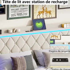Simple Life Lit Coffre 160x200 Cm, Lit Capitonné Avec Rangement Et USB De Type C, LED, Velours, Beige