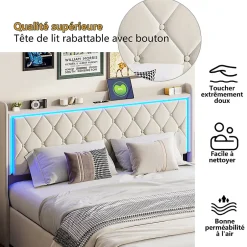 Simple Life Lit Coffre 160x200 Cm, Lit Capitonné Avec Rangement Et USB De Type C, LED, Velours, Beige
