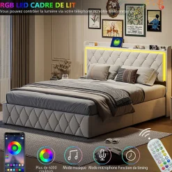 Simple Life Lit Coffre 160x200 Cm, Lit Capitonné Avec Rangement Et USB De Type C, LED, Velours, Beige