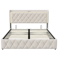 Simple Life Lit Coffre 160x200 Cm, Lit Capitonné Avec Rangement Et USB De Type C, LED, Velours, Beige