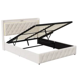 Simple Life Lit Coffre 160x200 Cm, Lit Capitonné Avec Rangement Et USB De Type C, LED, Velours, Beige