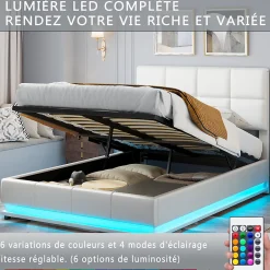 Simple Life Lit coffre 140x190 cm, Lit doub LED capitonné relevable hydraulique avec sommier à lattes, Blanc