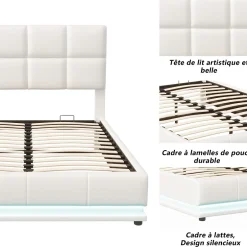 Simple Life Lit coffre 140x190 cm, Lit doub LED capitonné relevable hydraulique avec sommier à lattes, Blanc