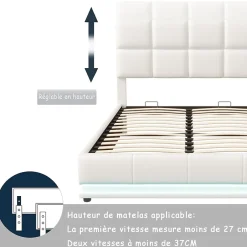 Simple Life Lit coffre 140x190 cm, Lit doub LED capitonné relevable hydraulique avec sommier à lattes, Blanc