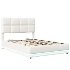 Simple Life Lit coffre 140x190 cm, Lit doub LED capitonné relevable hydraulique avec sommier à lattes, Blanc