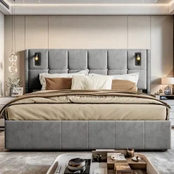 ProximaX Lit coffre 160x200 cm, Lit double avec rangement et sommier à lattes, tissu en velours, lumière de lecture, Gris Hot