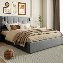 ProximaX Lit coffre 160x200 cm, Lit double avec rangement et sommier à lattes, tissu en velours, lumière de lecture, Gris Hot