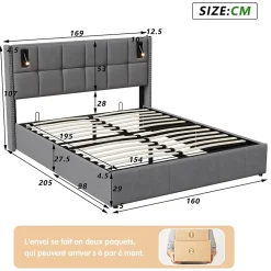 ProximaX Lit coffre 160x200 cm, Lit double avec rangement et sommier à lattes, tissu en velours, lumière de lecture, Gris Hot