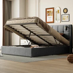 ProximaX Lit coffre 160x200 cm, Lit double avec rangement et sommier à lattes, tissu en velours, lumière de lecture, Gris Hot