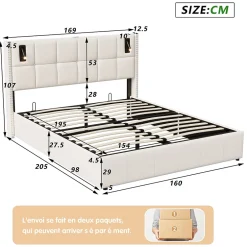 ProximaX Lit coffre 160x200 cm, Lit double avec rangement et sommier à lattes, tissu en velours, lumière de lecture, Beige
